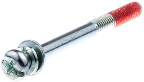 Śruba dmuchawy 155 BT Husqvarna, metalowa z pełnym gwintem, główka krzyżowa, czerwona nitka zabezpieczająca, na białym tle, zbliżenie. Długość i gwint dopasowane do maszyny.
