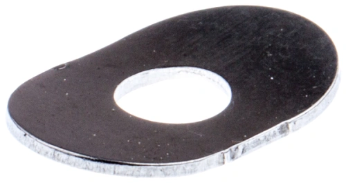 Podkładka dystansowa dmuchawy 155 BT Husqvarna o owalnym kształcie, wykonana z metalu, ma błyszczące wykończenie. Ujęcie z boku, pokazujące centralny otwór. Produkt leży na białym tle, umożliwiając lepszą widoczność detali.