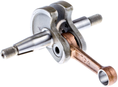 Wał korbowy dmuchawy 155 BT Husqvarna w układzie bocznym. Stalowa konstrukcja z mosiężnym elementem, widoczne gwinty. Zewnętrzna część wału matowa, wewnątrz gładka. Kompaktowy, precyzyjnie wykonany. Tło jasne, neutralne.