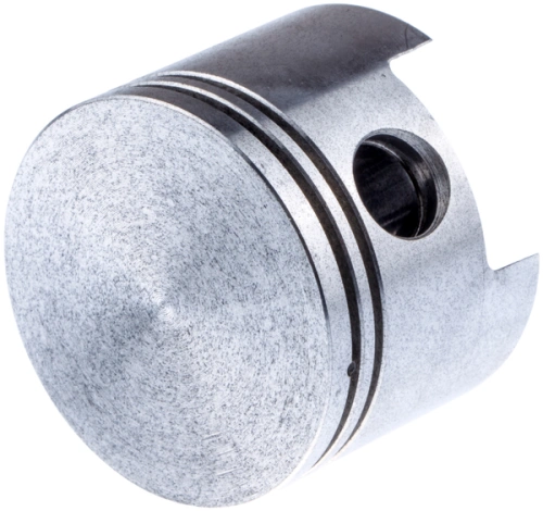 Tłok dmuchawy 155 BT Husqvarna, metalowy, okrągły, posiada wyraźne rowki i otwór w bocznej części. Zdjęcie ukazuje go z przodu pod lekkim kątem, na jasnym tle, co podkreśla jego detail. Wymiary oraz struktura metalu widoczne w zbliżeniu.