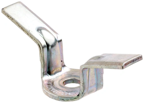 Podkładka dmuchawy 125BVX Husqvarna w kolorze stalowo-srebrnym, lekko błyszcząca, metalowa, o specyficznym kształcie z dwoma wystającymi elementami. Ujęcie z boku, stojąca na płaskiej powierzchni, z widocznym otworem montażowym.