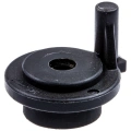 Czarny tempomat z grzechotką dmuchawy, o okrągłym kształcie z centralnym otworem i krótkim, prostym wypustem. Produkt widoczny z przodu, jasny detal widoczny na powierzchni. Idealny do modeli Husqvarna 125BVX.