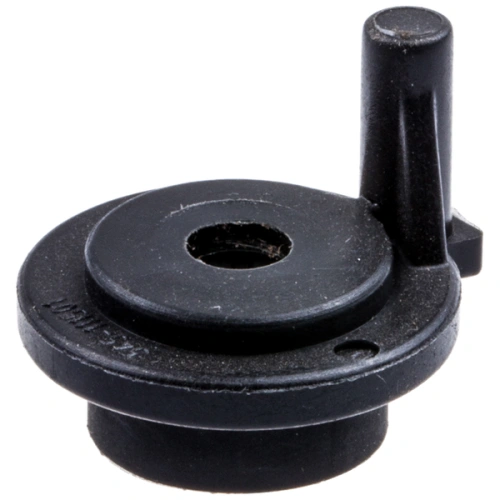 Czarny tempomat z grzechotką dmuchawy, o okrągłym kształcie z centralnym otworem i krótkim, prostym wypustem. Produkt widoczny z przodu, jasny detal widoczny na powierzchni. Idealny do modeli Husqvarna 125BVX.