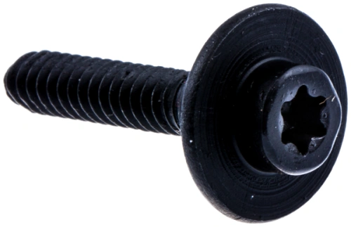 Czarna śruba mocująca zbiornik paliwa z łbem na klucz, gwintowana na całej długości, ułożona poziomo na jednolitym tle. Długość dostosowana do montażu dmuchawy Husqvarna 125BVX.