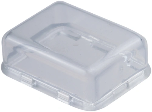 Przełącznik dmuchawy 125BVX Husqvarna w przezroczystej obudowie, prostokątny, z wyprofilowanymi krawędziami i zaokrąglonymi rogami. Widoczne zapięcia po bokach. Ujęcie z boku. Tło jednolite, co podkreśla szczegóły produktu.