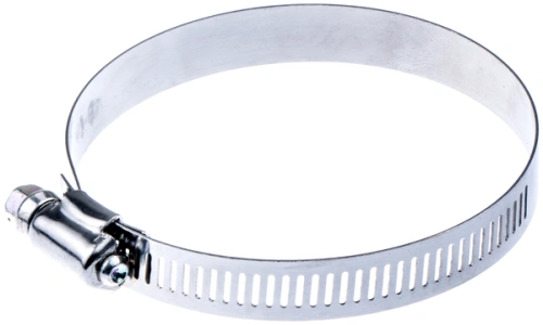 Zacisk dmuchawy Husqvarna 130BT, metaliczny, okrągły z widocznymi otworami, w zamkniętej pozycji. Na końcu umieszczony mechanizm mocujący do regulacji. Efektowny w codziennym użytkowaniu, widoczny na białym tle, idealny do trzymania rur i węży.