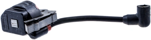 Moduł zapłonowy dmuchawy 132BT Husqvarna w czarnej obudowie z metalowym uchwytem i głowicą zająca, widoczny z boku z podkreśloną długością kabla, mocowaniami i szczelinami, bez napisów i logo.