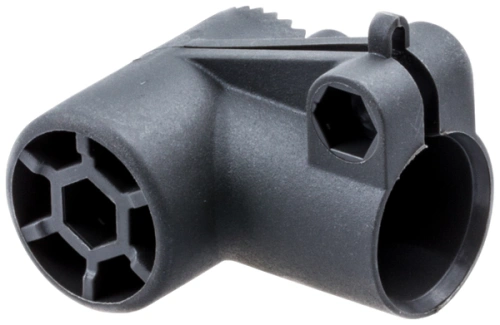 Wspornik dmuchawy 150BF Husqvarna, czarny, wykonany z plastiku, w kształcie złączki z otworami i rowkiem. Widok z boku, zbliżenie na detale uchwytu oraz elementów mocujących. Idealny do montażu w urządzeniach ogrodniczych.