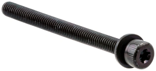 Śruba dmuchawy 150BF Husqvarna, czarna, wykonana z metalu, o prostym, cylindrycznym kształcie z gwintem, z łbem w kształcie krzyżaka. Widoczna na białym tle w pozycji leżącej, ukazująca szczegóły gwintu i kształtu łba.