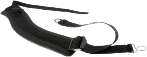 Łącznik dmuchawy 150BT Husqvarna w kolorze czarnym. Zmienny kształt z wygodnym uchwytem, wykonany z wytrzymałego materiału. W artykule widoczny element mocujący. Produkt leży na białym tle, co podkreśla jego detale.