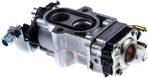 Gaźnik dmuchawy 170BT Husqvarna w kolorze metalicznym z chromowanymi detalami, pod kątem, z widocznych otworami do montażu. Produkt leży na jednolitym tle, z wyraźnymi guzikami oraz przyłączami, bez dodatkowych akcesoriów.