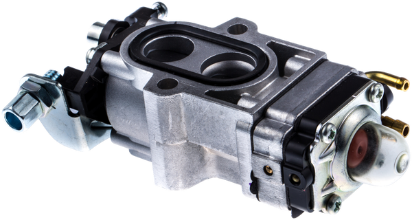 Gaźnik dmuchawy 170BT Husqvarna w kolorze metalicznym z chromowanymi detalami, pod kątem, z widocznych otworami do montażu. Produkt leży na jednolitym tle, z wyraźnymi guzikami oraz przyłączami, bez dodatkowych akcesoriów.