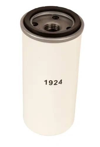 Filtr oleju hydraulicznego P535HX Husqvarna, cylindryczny kształt, biały kolor z czarnymi napisami 1924. Widok frontalny, stojący, z górnym otworem montażowym. Produkt nowy, bez dodatkowych akcesoriów, na jednolitym tle.