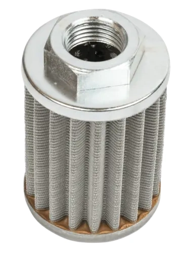 Filtr hydrauliczny do riderów P524/P524X Husqvarna, cylindryczny, z metalowej siatki, w górnej części z gwintem, dolna część w kolorze brązowym. Widoczne delikatne fałdy na boku, stawiając produkt w frontalnej pozycji.