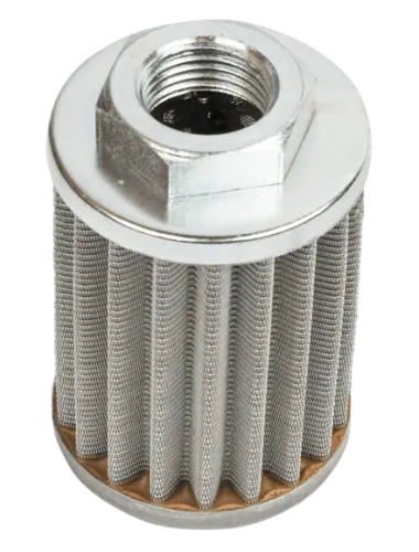 Filtr hydrauliczny do riderów P524/P524X Husqvarna, cylindryczny, z metalowej siatki, w górnej części z gwintem, dolna część w kolorze brązowym. Widoczne delikatne fałdy na boku, stawiając produkt w frontalnej pozycji.