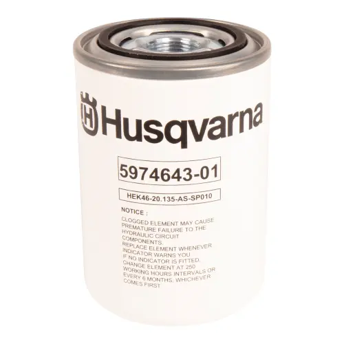 Filtr oleju hydraulicznego do riderów Husqvarna P524X EFI/P524X, biały, teksturowany, z czarnym logo i numerem 5974643-01, ostrzeżeniem o zatykaniach, na białym tle.