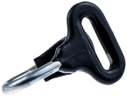 Hak ściągający szelek do wykaszarki Husqvarna 122R/323RII. Czarna plastikowa rękojeść z metalowym pierścieniem, widok z boku na mocowanie. Jednolite tło podkreśla detale. Mały, praktyczny element.