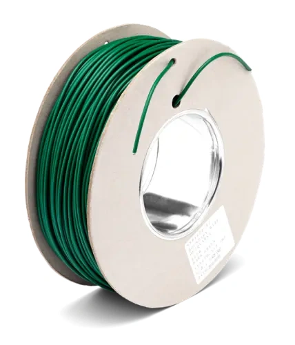 Przewód ograniczający do kosiarek automatycznych, nawinięty na okrągłą szpulę. Kolor: intensywna zieleń. Widoczne otwory do mocowania. Produkt leży poziomo na białym tle, ukazując jego gładką teksturę i okrągły kształt.