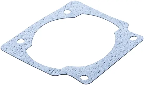 Uszczelka cylindra do pilarek Husqvarna 385 i 390XP. Element w kształcie prostokąta, wykonany z materiału uszczelniającego, o szarej fakturze. Widoczne cztery otwory montażowe. Produkt leży na białym tle.