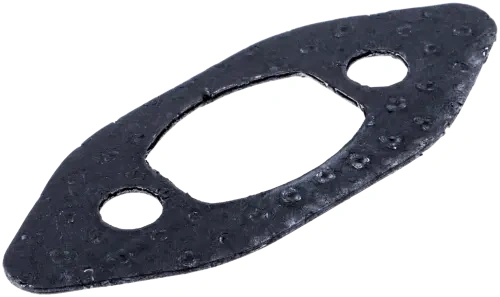 Uszczelka tłumika do pilarek Husqvarna 120 Mark II, 236, 240, w kolorze czarnym, wykonana z gumy, z dwoma okrągłymi otworami. Produkt leży na białym tle, ukazując teksturę i kształt. Widoczne detale wypustek na powierzchni.