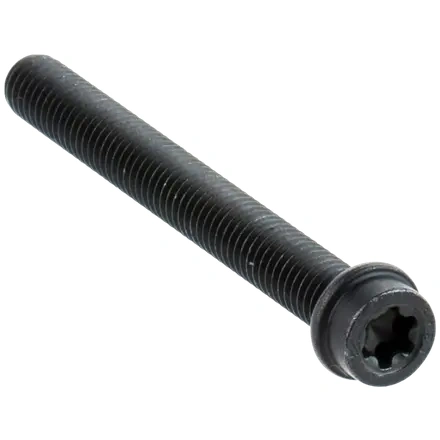 Śruba tłumika pilarki Husqvarna 560XP/XPG Mark II, 562XP/XPG Mark II. Część metalowa w kolorze czarnym, z widocznymi gwintami na całej długości. Ujęcie z boku, produkt leży poziomo, widoczna główka z gniazdem na mocowanie.