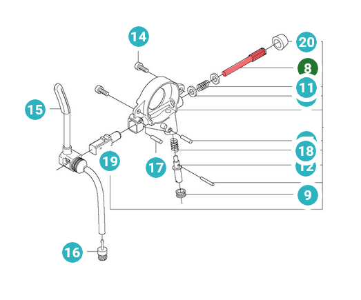 Wałek pompy oleju Husqvarna 560XP/XPG, 555. Czerwony element z wyraźnymi oznaczeniami, montowany w systemie, widoczne mocowanie i otwory. Ujęcie boczne, szczegółowo pokazujące strukturę i zamocowanie wałka w mechanizmie. Tło proste, białe.