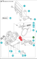 Czerwone zabezpieczenie taśmy hamulca do pilarek Husqvarna 555, 560XP/XPG, 562XP/XPG na tle schematu technicznego, prostokątne, z tworzywa, z elementami mocującymi i oznaczonymi numerami części.