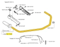 Wykaszarka 252 RX Husqvarna z żółtym uchwytem, metalowy, gięty kształt. Frontalne ujęcie z wyraźnymi elementami mocującymi. Na tle białym, co podkreśla detale produktu. Widoczne numery katalogowe oraz komponenty montażowe w zestawie.