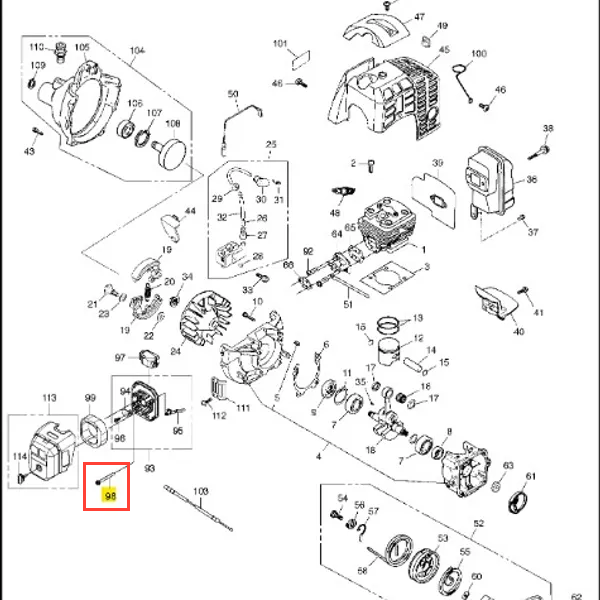 Śruba wykaszarki 443RB Husqvarna, metalowa, o szarej powierzchni, w układzie poziomym. Widoczny fragment o kształcie cylindrycznym z gwintowaniem i główką, na białym tle. Oznaczona numerem katalogowym 98.