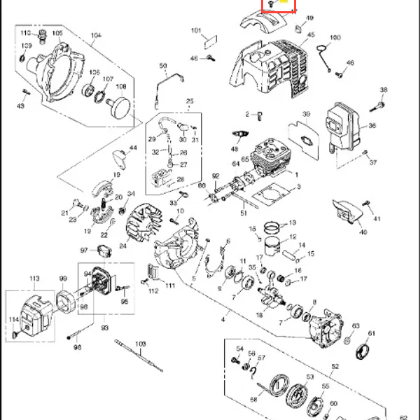 Metalowa śruba wykaszarki 443RB Husqvarna, srebrna, cylindryczna, widoczna w lewym górnym rogu schematu, pozioma, z czytelnym numerem katalogowym, na schemacie części zamiennych.