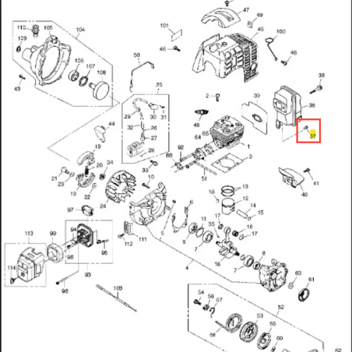 Śruba wykaszarki Husqvarna 443RB, metaliczna, gładka, cylindryczna, z numerami, pozioma na białym tle, długość ok. 4 cm, do napraw i montażu urządzeń ogrodowych.