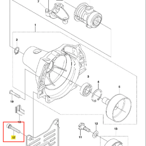 Śruba wykaszarki 226 RJ Husqvarna w kolorze metalicznym, z widocznym gwintem i łbem, umieszczona pionowo na schemacie części. Element montażowy jest częścią większej konstrukcji, przedstawiony w kontekście innych komponentów wykaszarki.