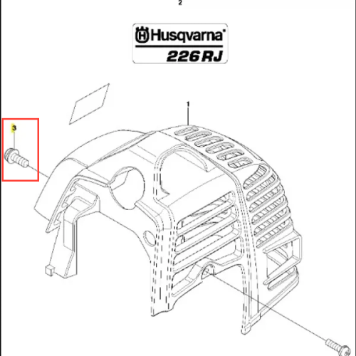 Śruba wykaszarki 226 RJ Husqvarna, wykonana z metalu, widoczna w zbliżeniu. Produkt pokazany w kontekście montażu. Tło białe, ułatwiające identyfikację detalu. Widoczne delikatne gwinty oraz kształt odpowiedni do mocowania.
