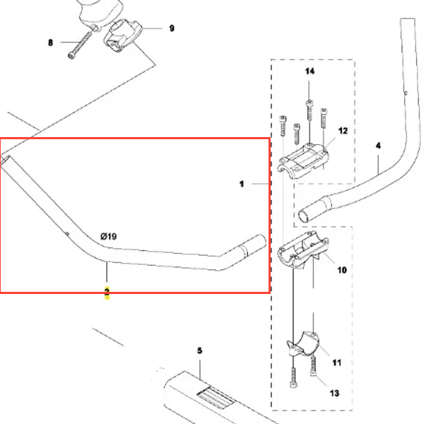 Uchwyt wykaszarki 233 R Husqvarna w kształcie łuku, wykonany z metalu, o długości około 30 cm. Produkt widoczny z boku, z wyraźnymi detalami mocowania oraz oznaczeniem średnicy 19 mm. Tło proste, zapewniające dobrą widoczność elementu.