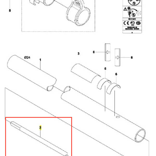 Trzonek wykaszarki 233 RJ Husqvarna w kolorze srebrnym, o cylindrycznym kształcie. Ujęcie z boku, stojący, z widocznymi oznaczeniami i otworami na mocowania. Produkt bez akcesoriów, na białym tle, o długości około 1 metra.