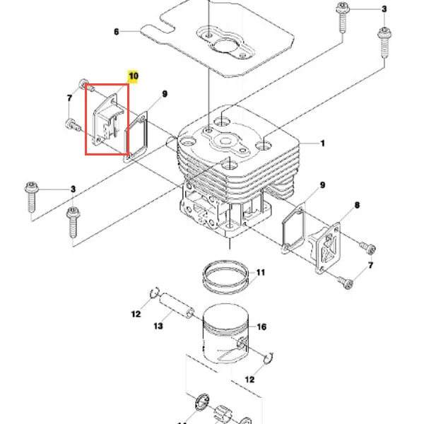 Czarna osłona wykaszarki Husqvarna 233 RJ z trwałego plastiku, montowana z boku silnika. Widok diagonalny z detalami mocowania i otworami, prosty, techniczny design.