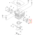 Śruba wykaszarki 233 RJ Husqvarna w kolorze metalicznym, z gwintem oraz główką, ukazana z boku. Produkt znajduje się na ilustracji obok różnych części silnika, w kontekście montażu, na neutralnym tle. Długość śruby to około 5 cm.