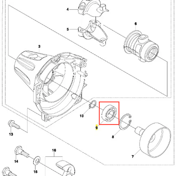 Łożysko wykaszarki 233 RJ Husqvarna, okrągły element z metalowym wykończeniem, widoczny z boku, w zbliżeniu. Umożliwia płynny ruch mechanizmu, istotna część do naprawy sprzętu do pielęgnacji ogrodu, umieszczona na prostym tle.