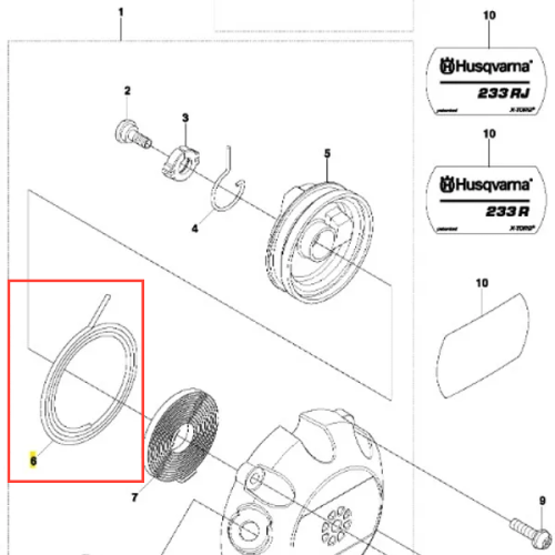 Linka wykaszarki Husqvarna 233 RJ, okrągła, wykonana z materiału syntetycznego w kolorze czarnym. Element mocujący na jednym końcu, z widoczną oznakowaną numeracją. Ułożona poziomo na prostym tle, dobrze widoczna, bez dodatkowych akcesoriów.