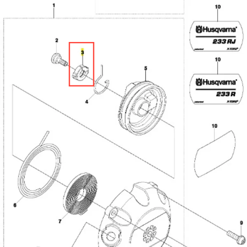 Kołnierz wykaszarki Husqvarna 233 RJ, okrągły z białym i zielonym elementem, detal mocowania na białym tle. Widoczny czytelny tekst i logo Husqvarna.