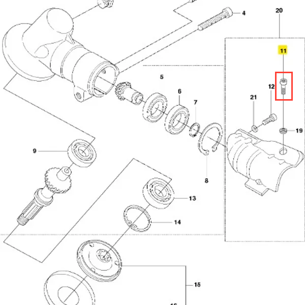 Metalowa śruba wykaszarki 233 RJ Husqvarna, cylindryczna z gwintami, podświetlona na żółto, zbliżenie na detal w schemacie montażu, otoczona innymi elementami mechanicznymi.
