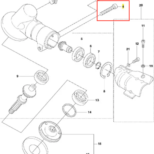 Śruba wykaszarki 233 RJ Husqvarna, metalowa, o prostym kształcie i gwintowanej konstrukcji. Widoczna na schemacie w pozycji poziomej, otoczona innymi elementami. Kolor szary, bez widocznych napisów. Detal pokazania śruby w kontekście montażu.