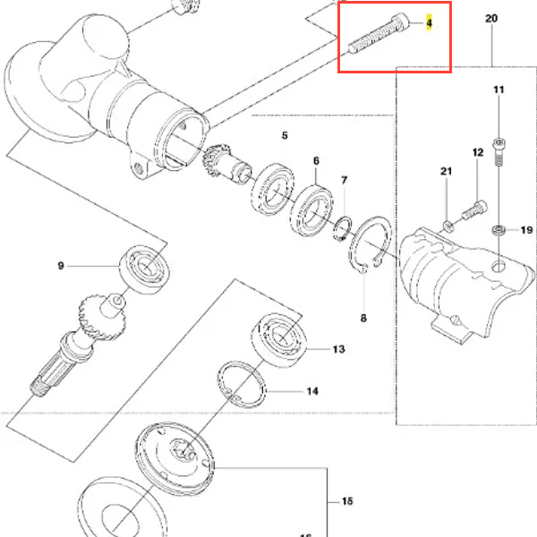 Śruba wykaszarki 233 RJ Husqvarna, metalowa, o prostym kształcie i gwintowanej konstrukcji. Widoczna na schemacie w pozycji poziomej, otoczona innymi elementami. Kolor szary, bez widocznych napisów. Detal pokazania śruby w kontekście montażu.