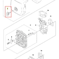 Pokrętło wykaszarki Husqvarna 233 RJ w zbliżeniu, z widocznym detalem w formie metalowej gałki, okrągłe z usłojeniem. Położone na białym tle. Element przeznaczony do regulacji. Brak czytelnych napisów czy logo.