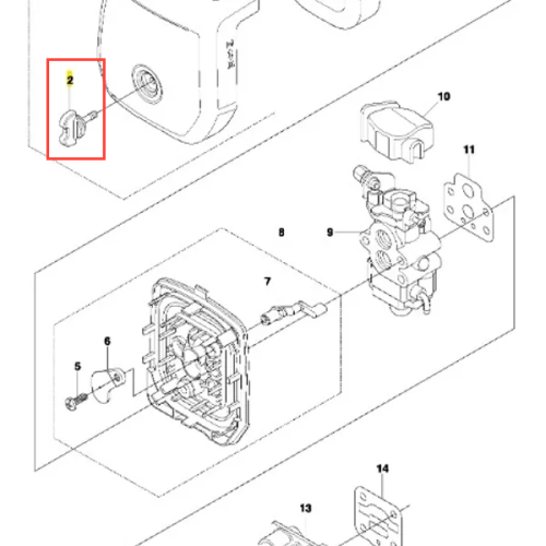 Pokrętło wykaszarki Husqvarna 233 RJ w zbliżeniu, z widocznym detalem w formie metalowej gałki, okrągłe z usłojeniem. Położone na białym tle. Element przeznaczony do regulacji. Brak czytelnych napisów czy logo.