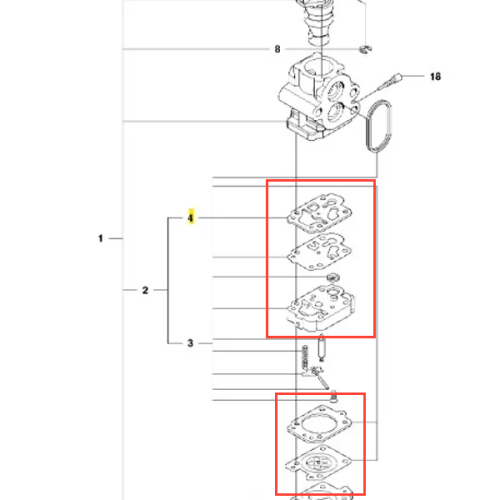 Uszczelka kauczukowa do wykaszarki Husqvarna 233 RJ, zestaw czterech elementów o różnych grubościach ułożonych obok siebie, widok z boku z widocznymi śrubami na jasno-szarym tle.