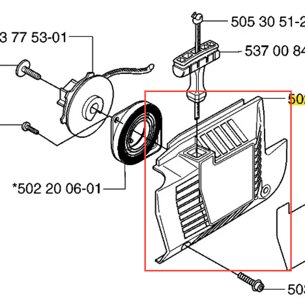 Rozrusznik do wykaszarki Husqvarna 235 RII, czarny, z metalową obudową, stojący w zbliżeniu. Na górze widoczny element mocujący oraz wyjście kabli. Na tle białym, bez dodatkowych elementów. Produkt nowy, gotowy do montażu.