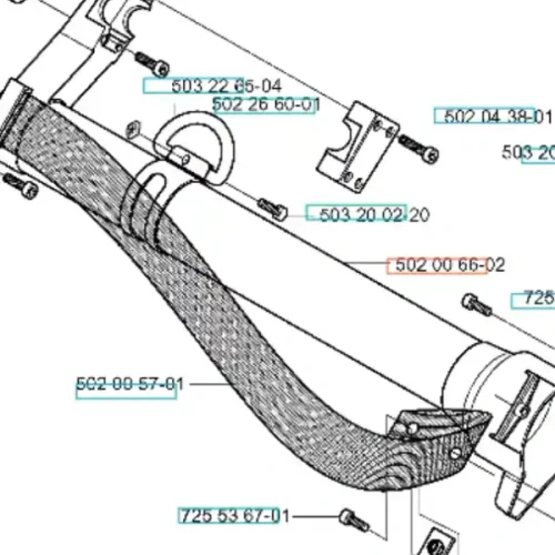Zawieszenie wykaszarki 265 RX Husqvarna, przedstawione z boku, z widocznymi numerami katalogowymi. Część o metalowej konstrukcji, z zaokrąglonym końcem i teksturowanym uchwytem. Element mocujący z wytrzymałymi śrubami i zaznaczonymi detalami.