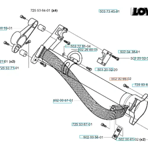 Zawieszenie do wykaszarki Husqvarna 265 RX z montażem, elastyczną, łukowatą częścią o teksturowanej powierzchni, metalowymi i plastikowymi elementami w szarościach, ułożonymi technicznie.
