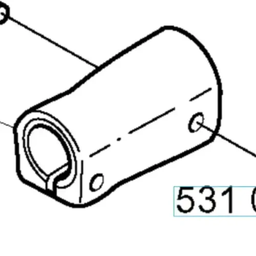 Łącznik wykaszarki Husqvarna 152 RB w metalowej obudowie. Widok z boku, pokazujący gładką powierzchnię i okrągły otwór po jednej stronie. Na końcu widoczne mocowanie. Przeznaczony do montażu w urządzeniach ogrodowych.